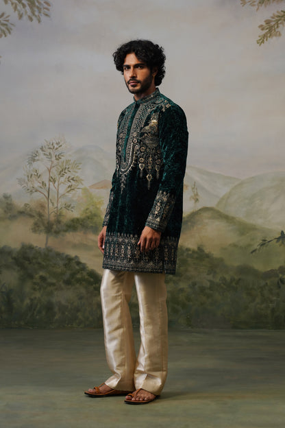 Mayur Bottle Green Velvet Cord Threadwork Kurta Set