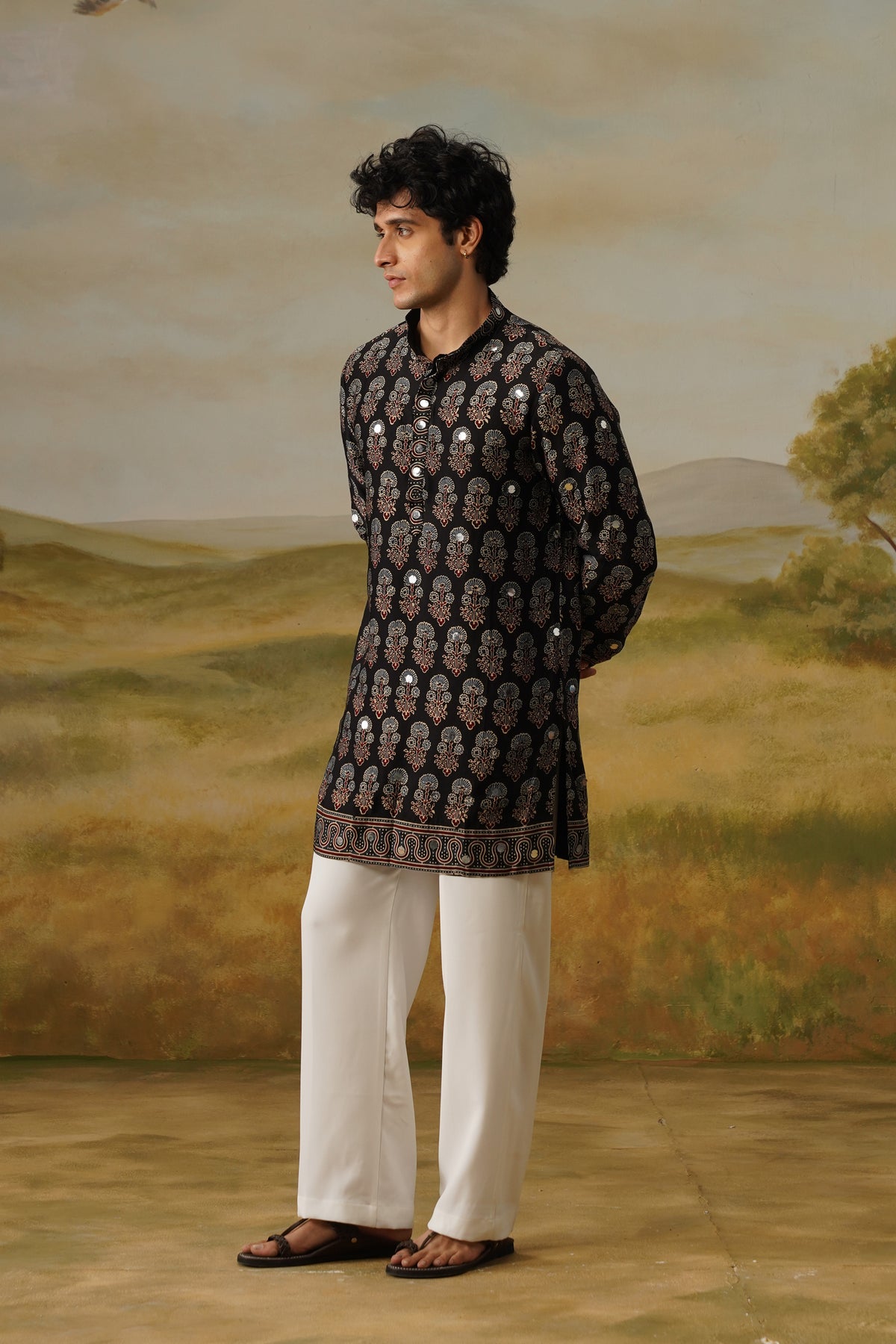 Sufi Black Ajrakh Abla Mirror Kurta Set With Dupatta
