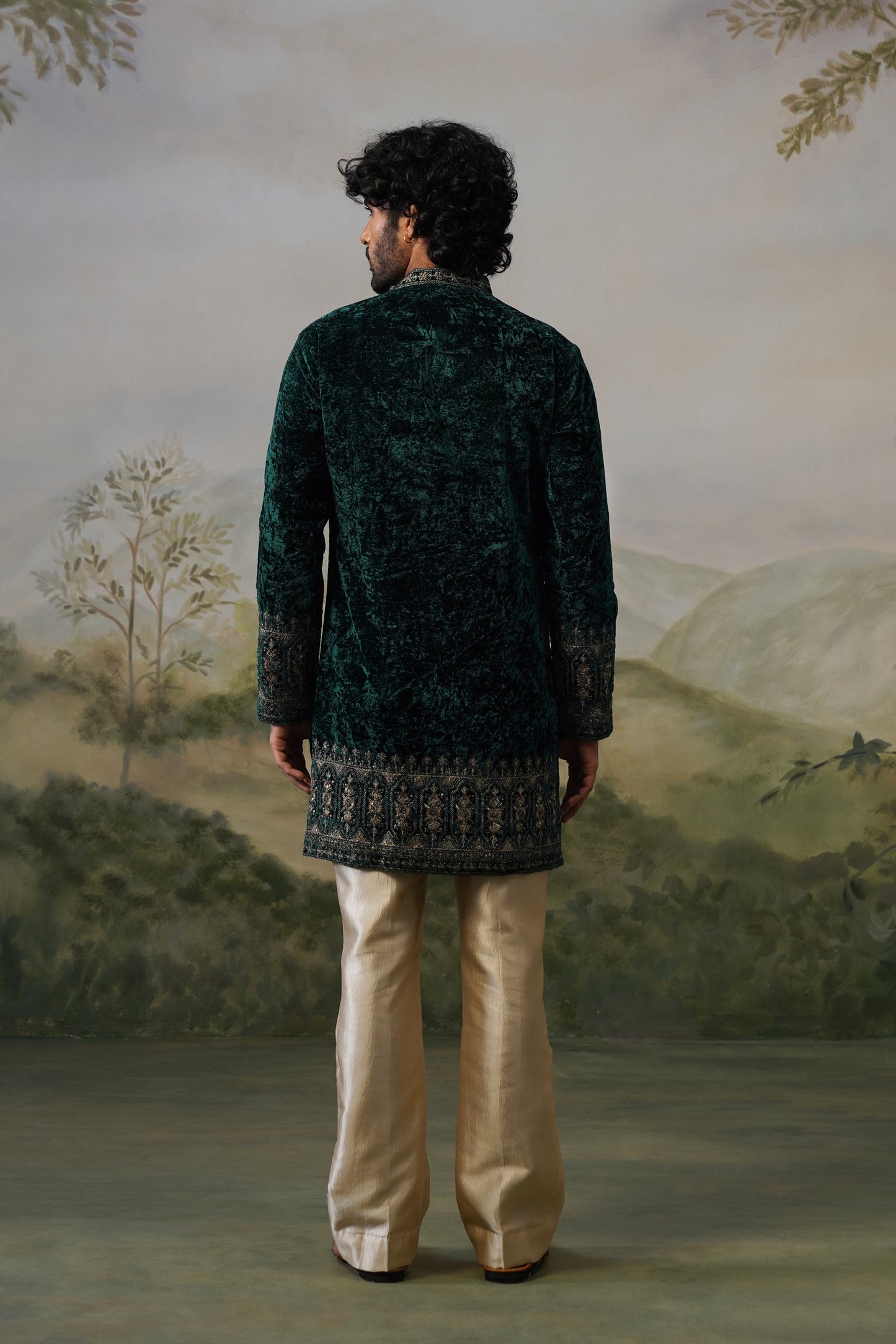 Mayur Bottle Green Velvet Cord Threadwork Kurta Set