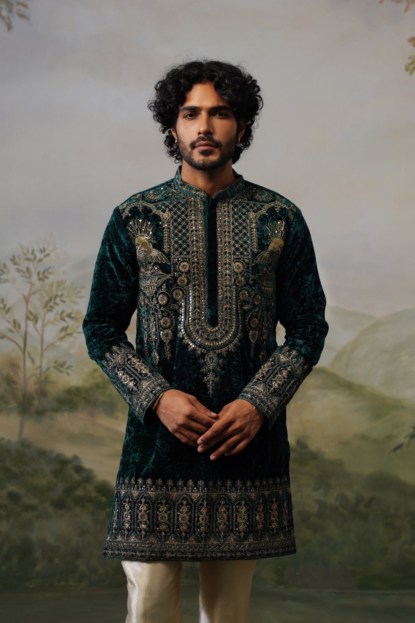 Mayur Bottle Green Velvet Cord Threadwork Kurta Set