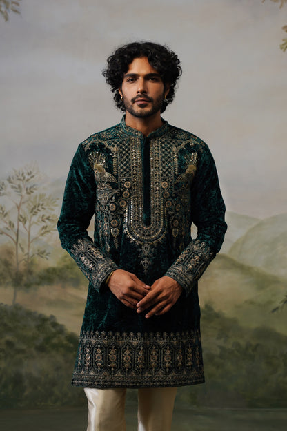 Mayur Bottle Green Velvet Cord Threadwork Kurta Set