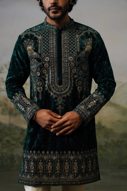 Mayur Bottle Green Velvet Cord Threadwork Kurta Set
