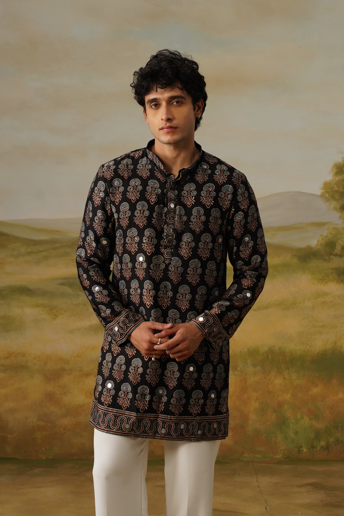 Sufi Black Ajrakh Abla Mirror Kurta Set With Dupatta