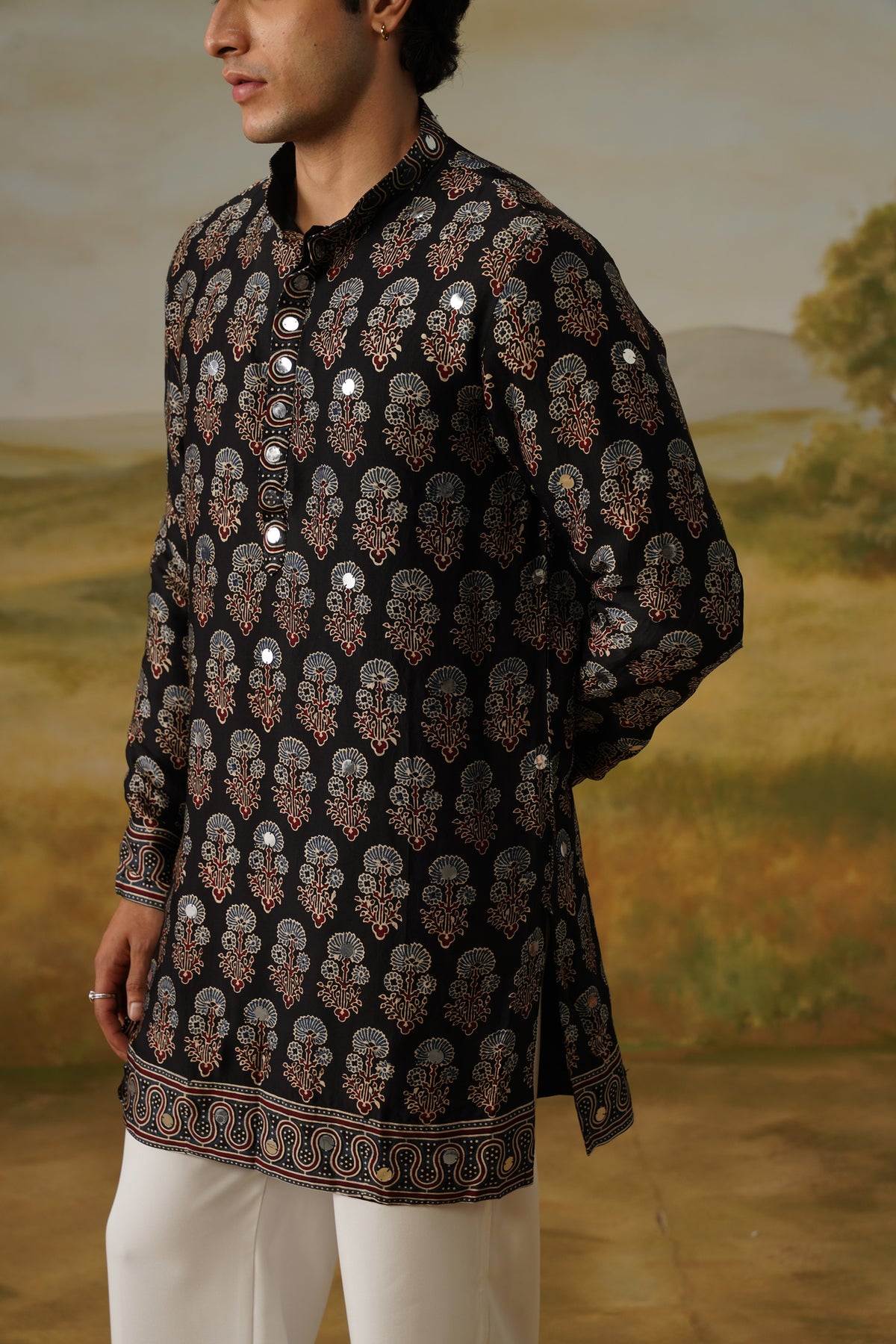 Sufi Black Ajrakh Abla Mirror Kurta Set With Dupatta