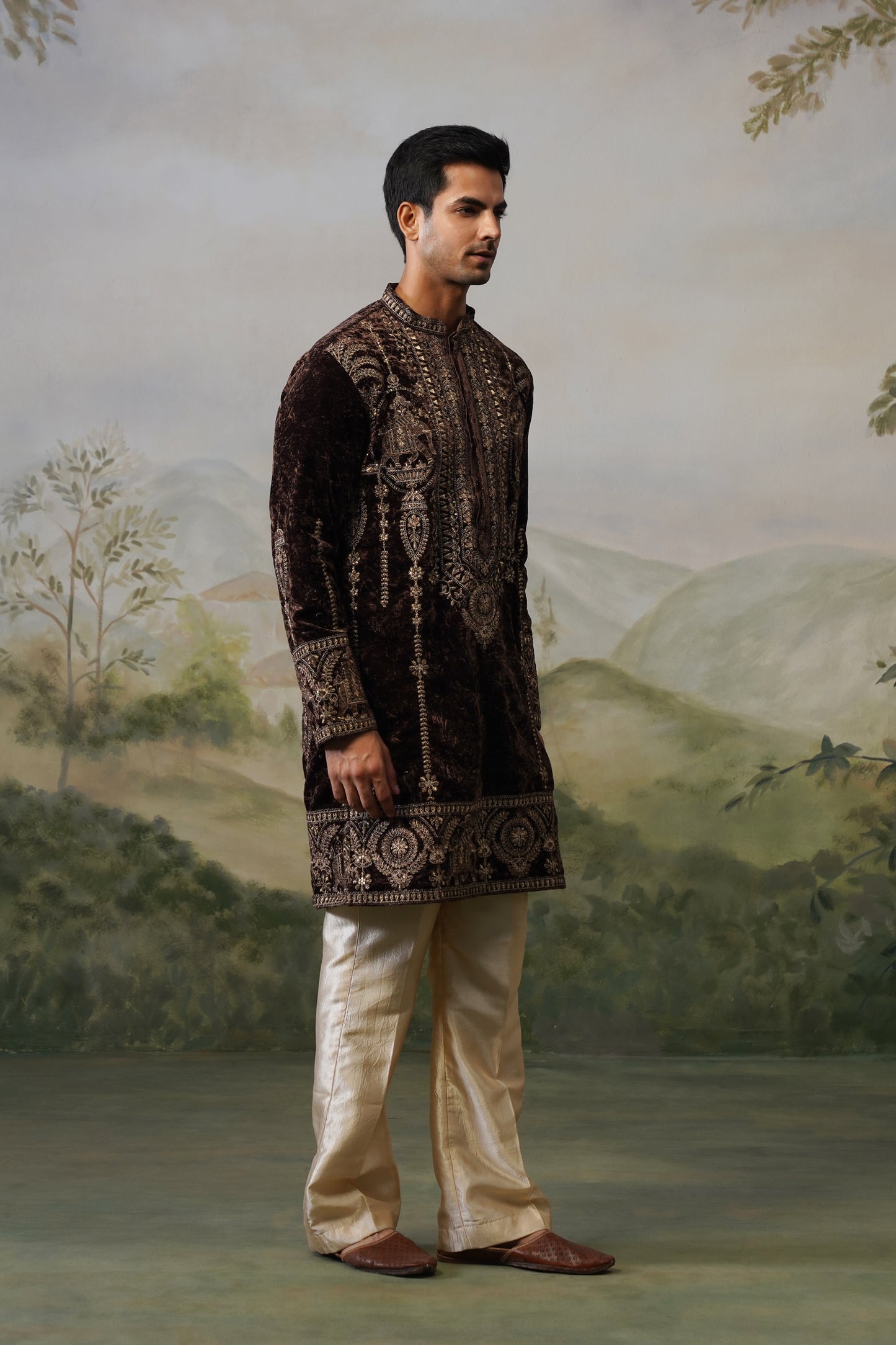 Kaveri Brown Velvet Cord Threadwork Kurta Set