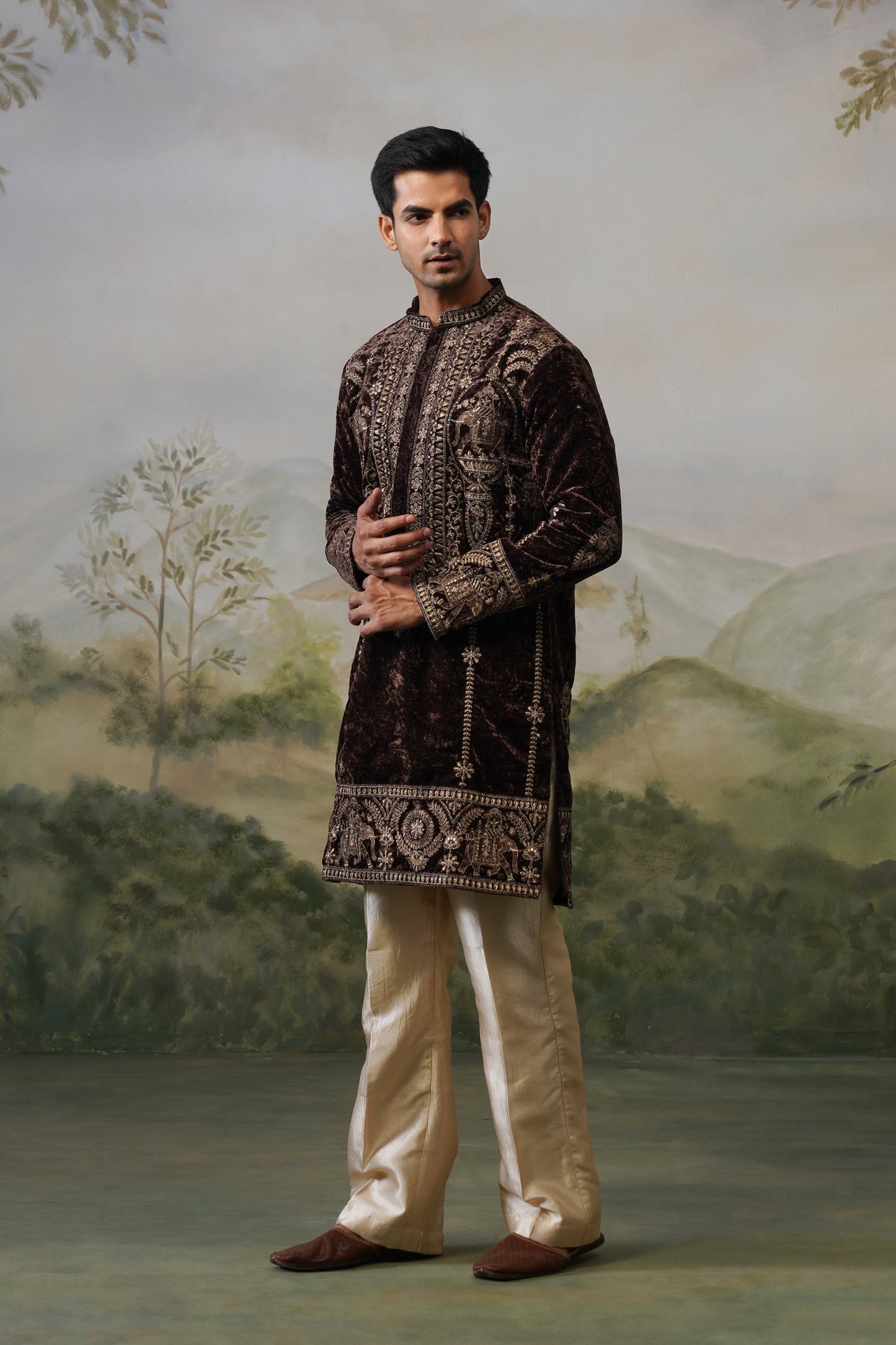 Kaveri Brown Velvet Cord Threadwork Kurta Set