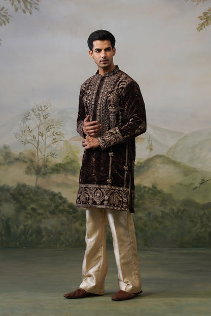 Kaveri Brown Velvet Cord Threadwork Kurta Set