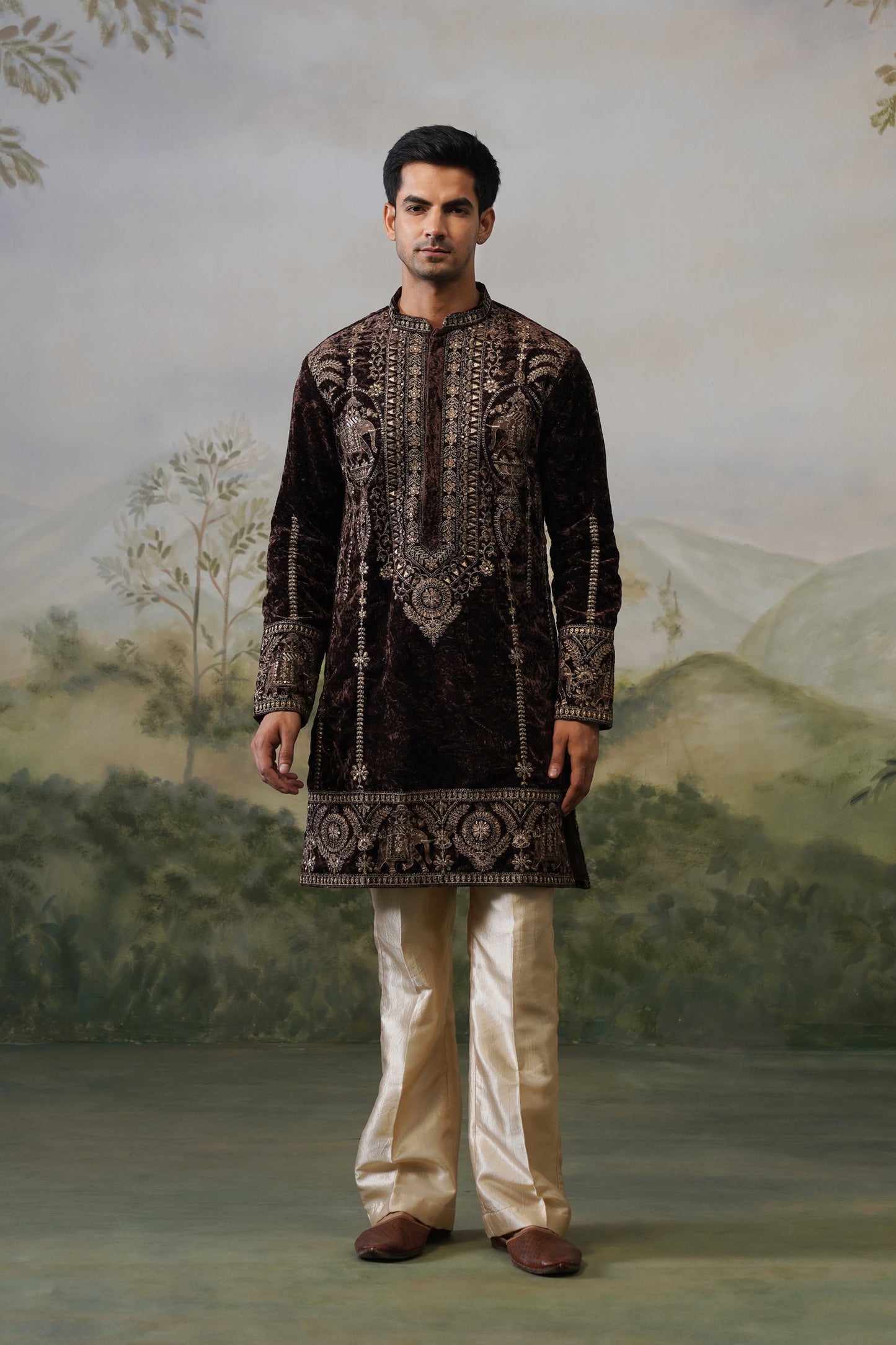 Kaveri Brown Velvet Cord Threadwork Kurta Set