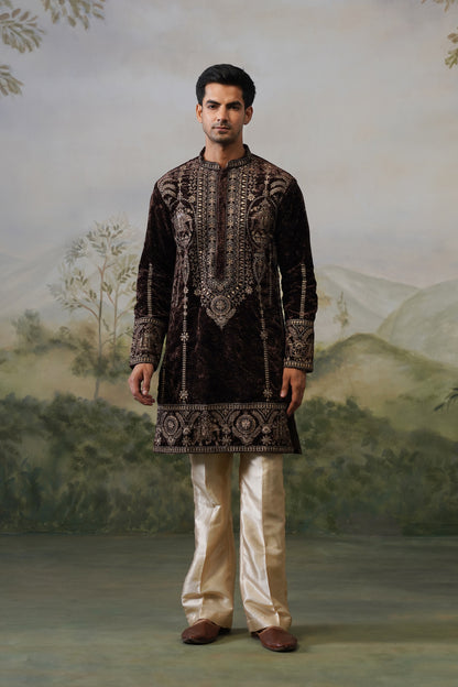 Kaveri Brown Velvet Cord Threadwork Kurta Set