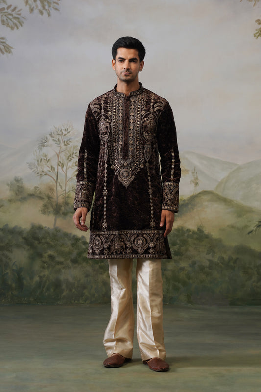 Kaveri Brown Velvet Cord Threadwork Kurta Set