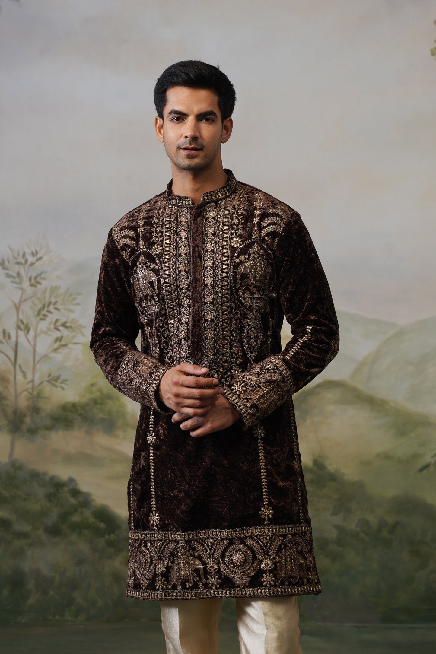 Kaveri Brown Velvet Cord Threadwork Kurta Set