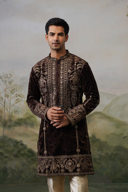 Kaveri Brown Velvet Cord Threadwork Kurta Set