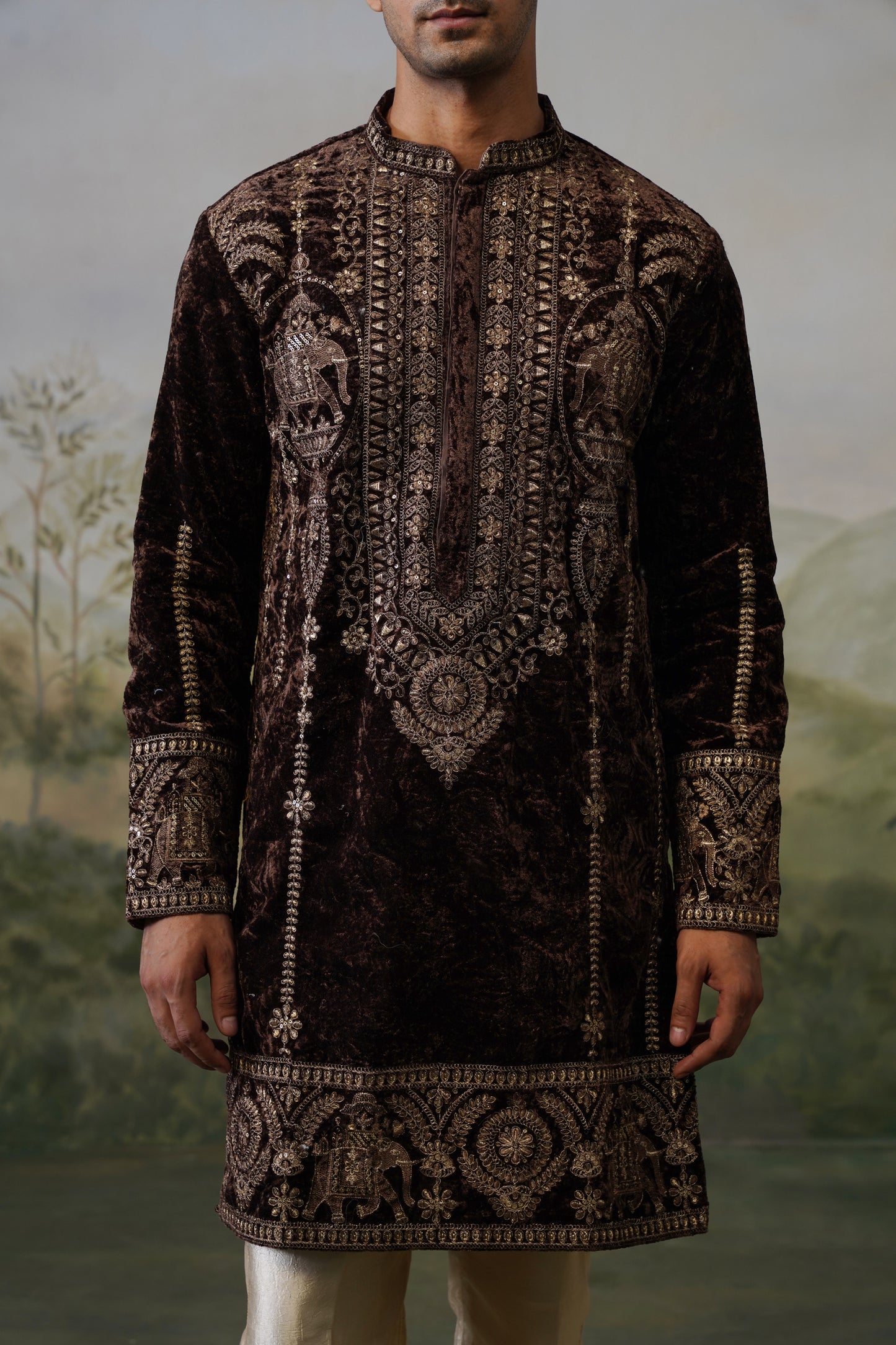 Kaveri Brown Velvet Cord Threadwork Kurta Set