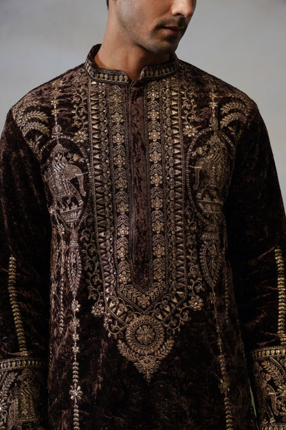 Kaveri Brown Velvet Cord Threadwork Kurta Set