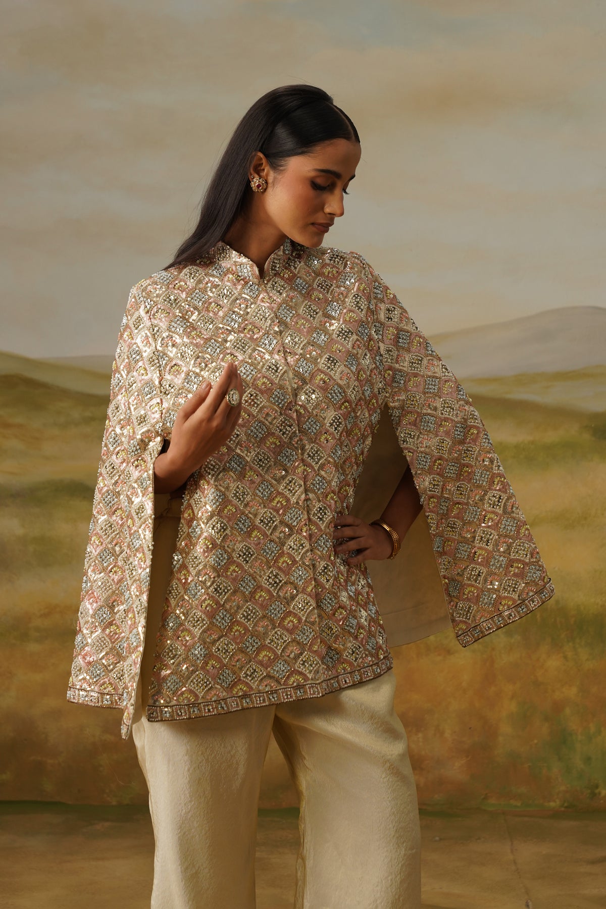 Jharokha Ivory Moti Beadwork Cape