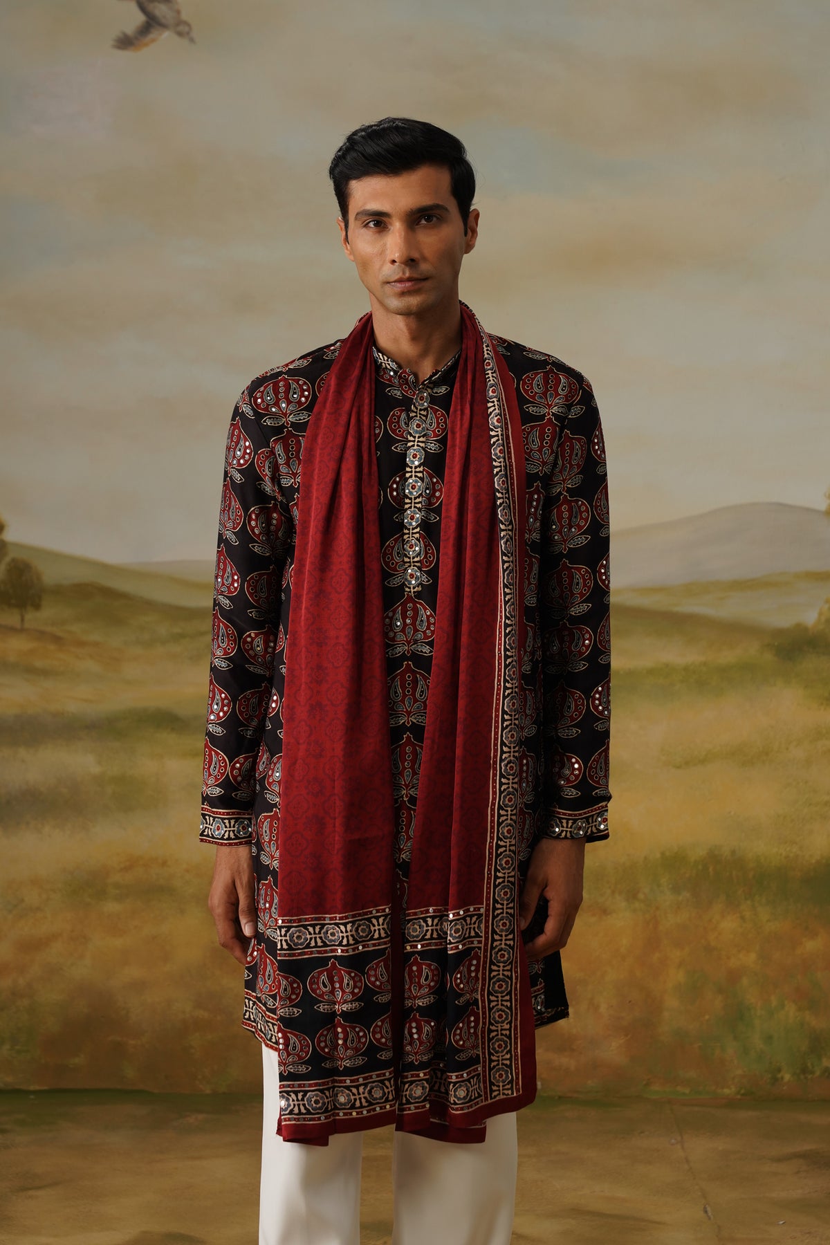Kasturi Black Ajrakh Kurta Set With Dupatta