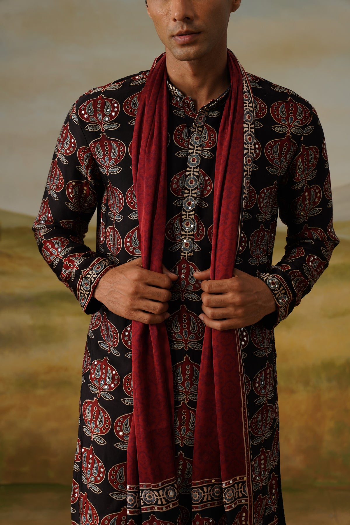 Kasturi Black Ajrakh Kurta Set With Dupatta
