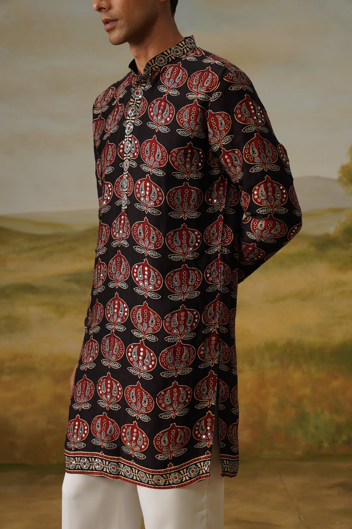 Kasturi Black Ajrakh Kurta Set With Dupatta