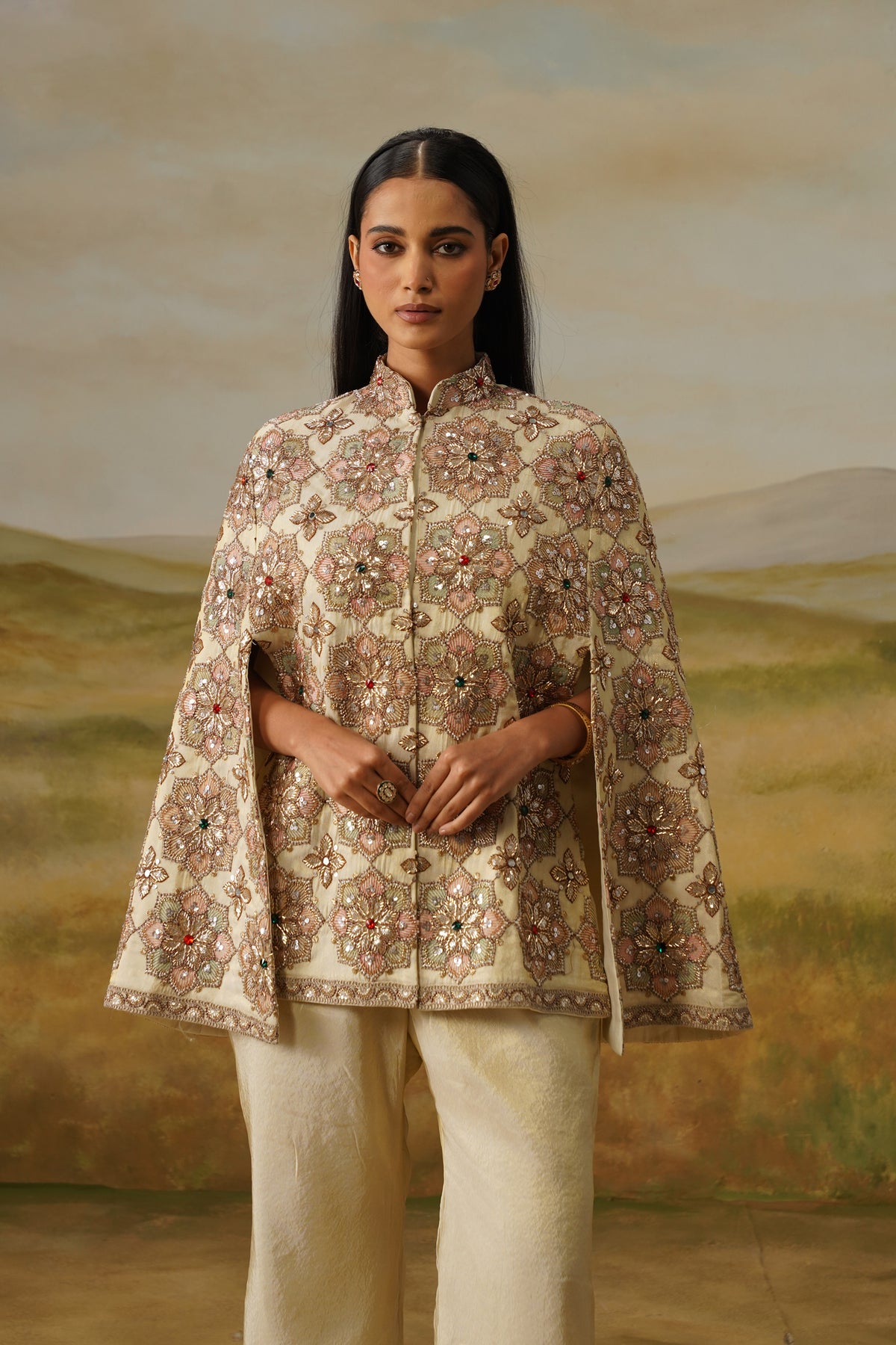 Nargis Ivory Kundan Crystal Beadwork Cape