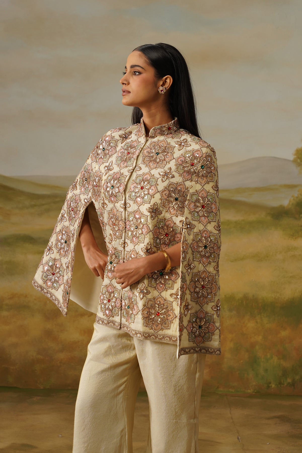 Nargis Ivory Kundan Crystal Beadwork Cape