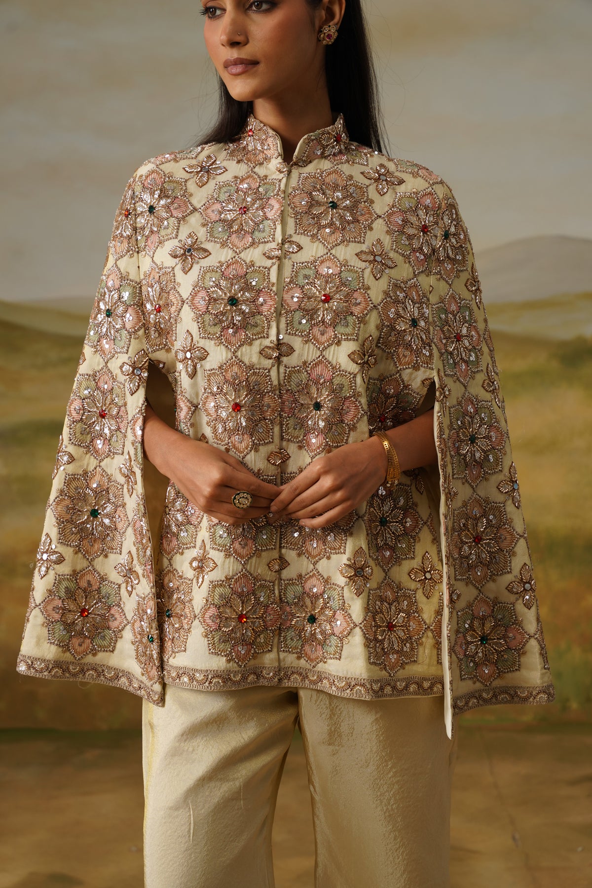Nargis Ivory Kundan Crystal Beadwork Cape