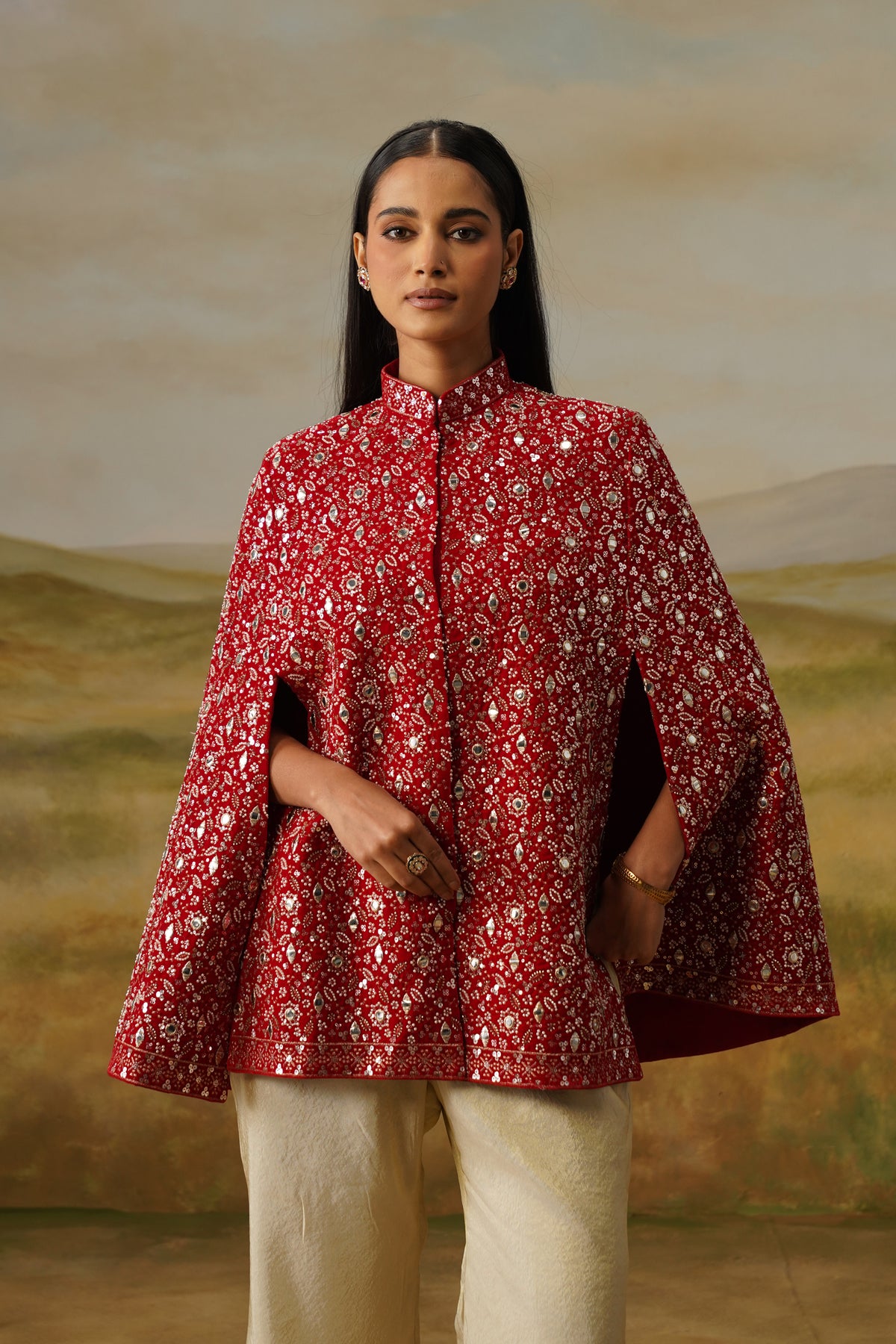 Yaqoot Red Cutdana Mirror Beadwork Cape