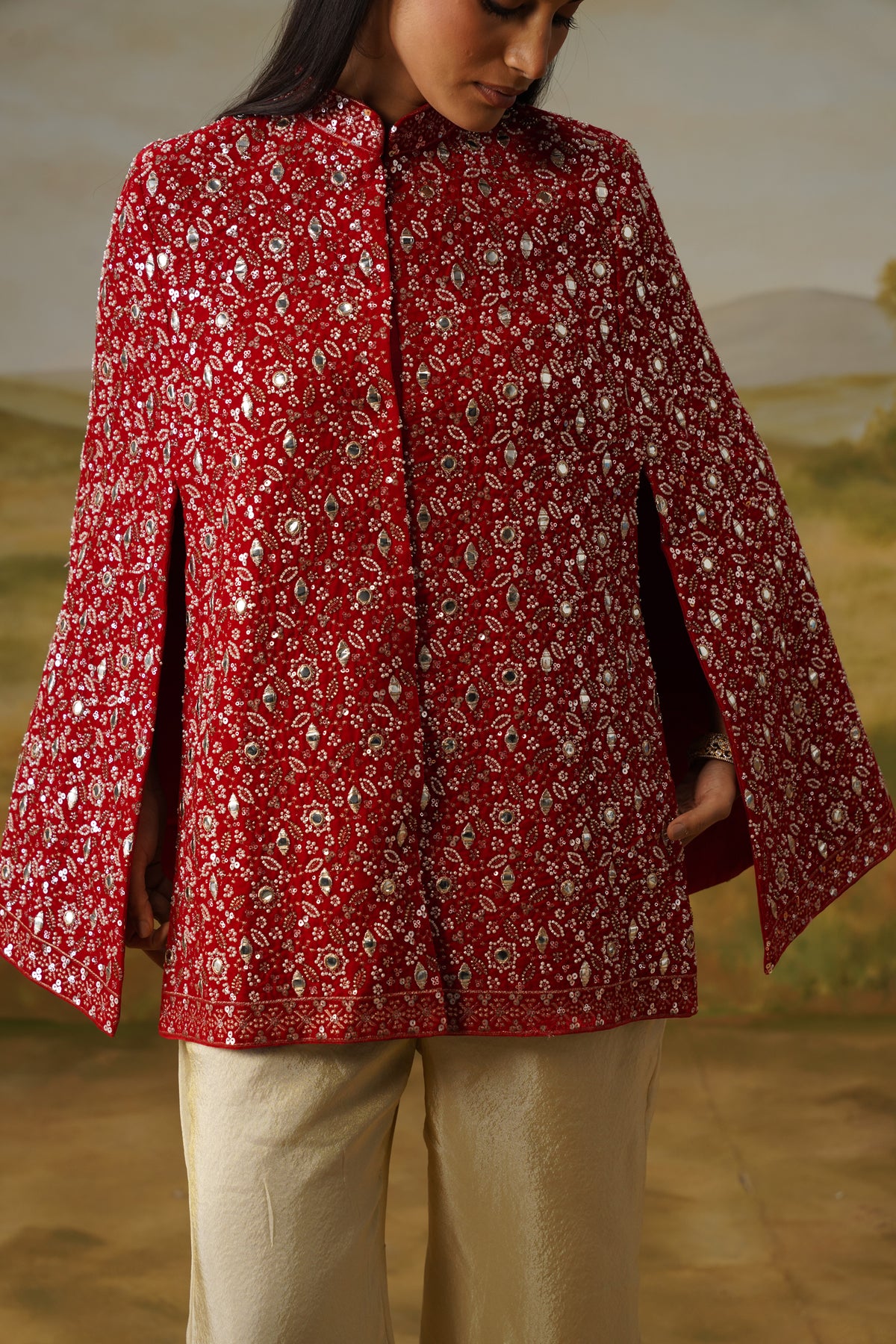 Yaqoot Red Cutdana Mirror Beadwork Cape