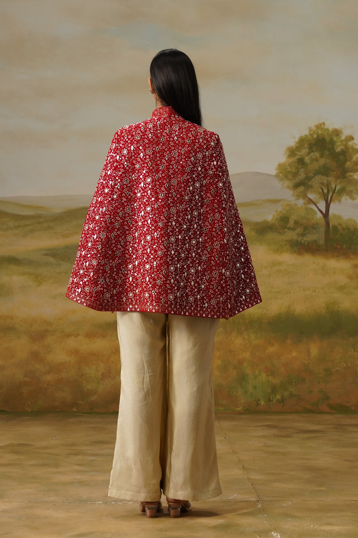 Yaqoot Red Cutdana Mirror Beadwork Cape