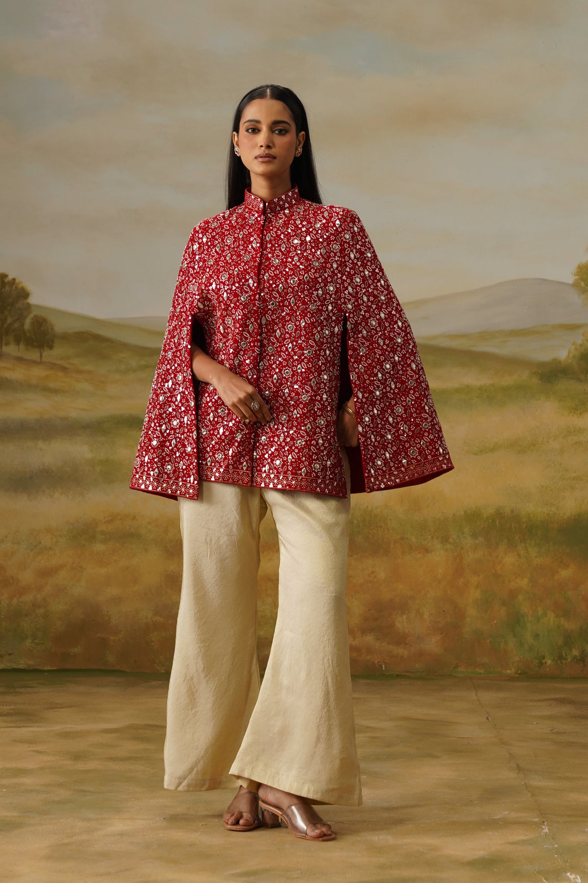 Yaqoot Red Cutdana Mirror Beadwork Cape