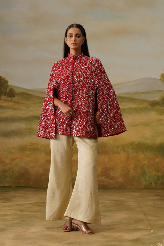 Yaqoot Red Cutdana Mirror Beadwork Cape