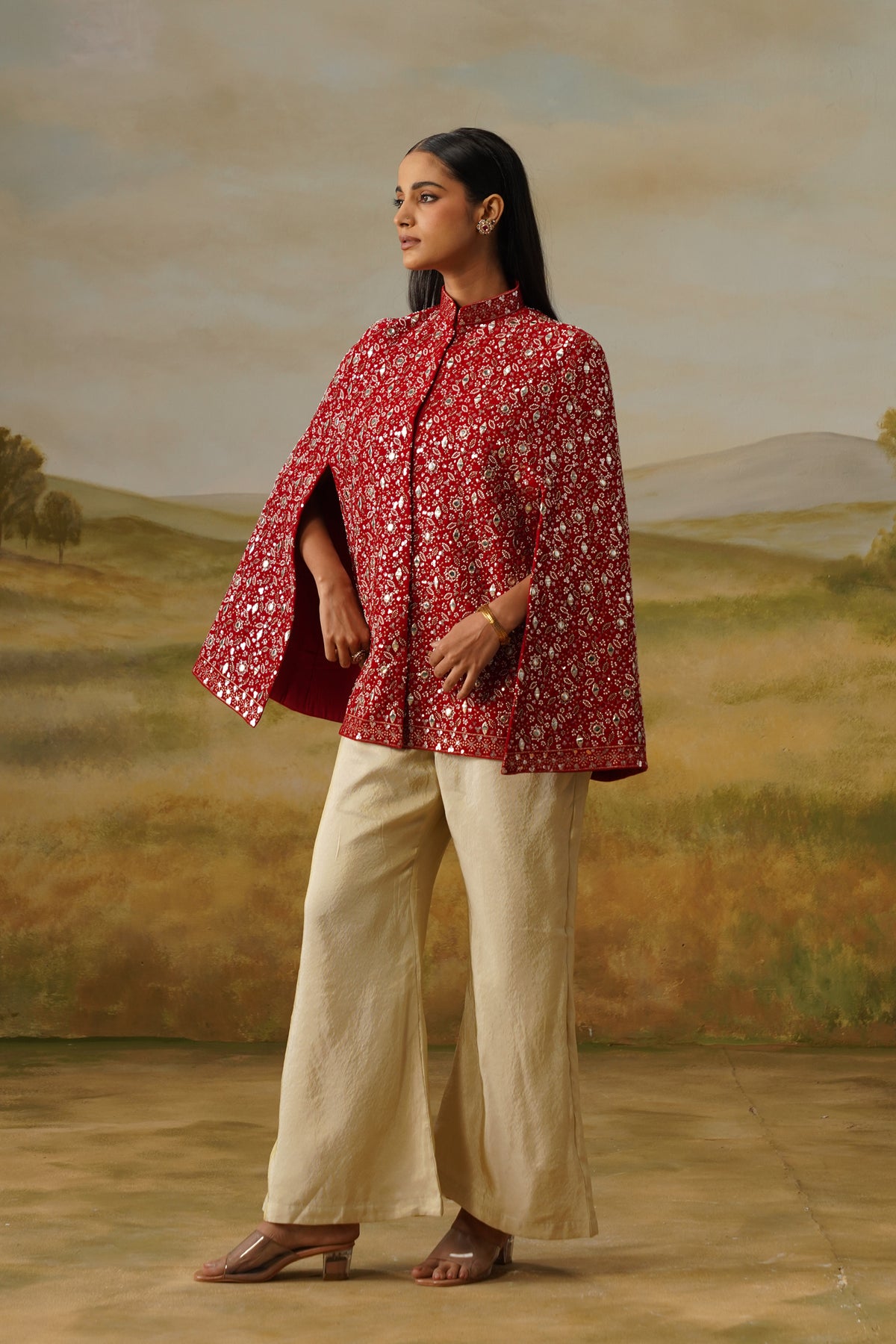 Yaqoot Red Cutdana Mirror Beadwork Cape
