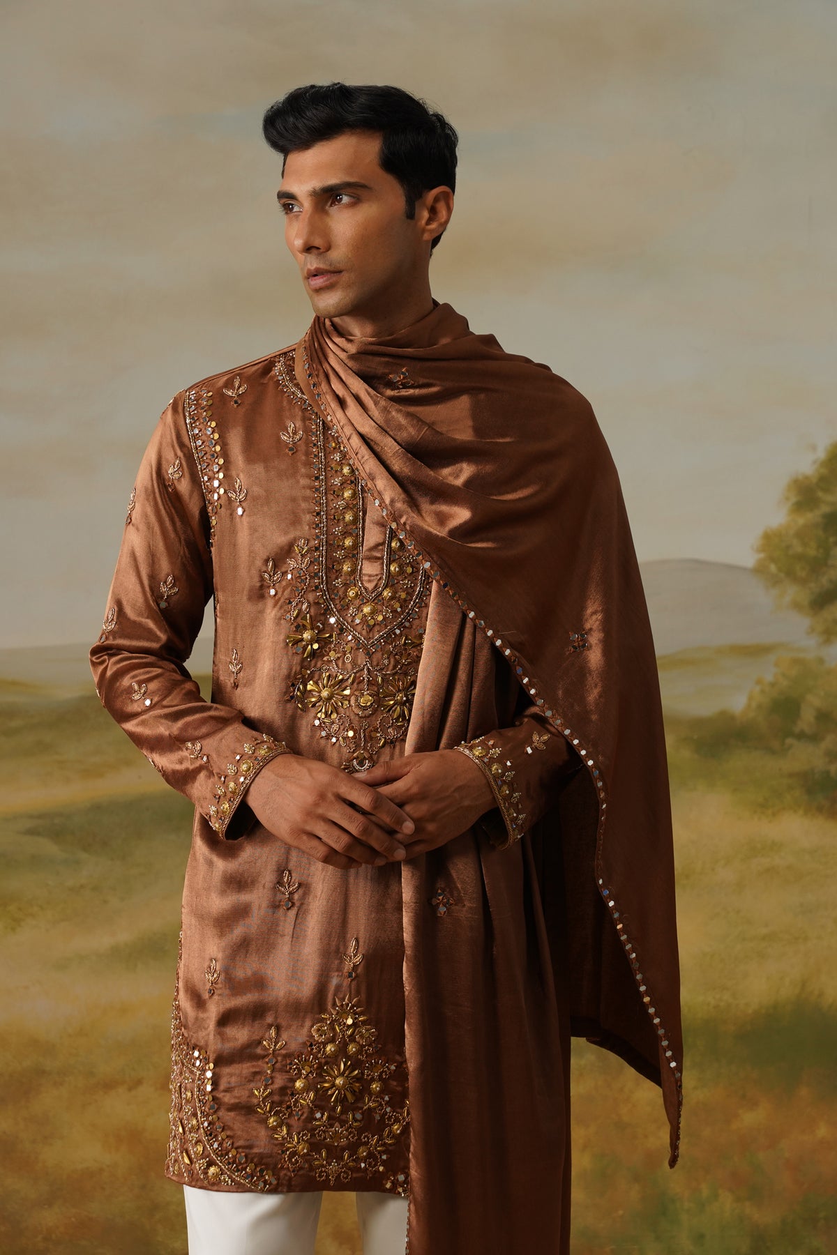 Taamba Copper Antique Metal Handwork Kurta Set with Dupatta