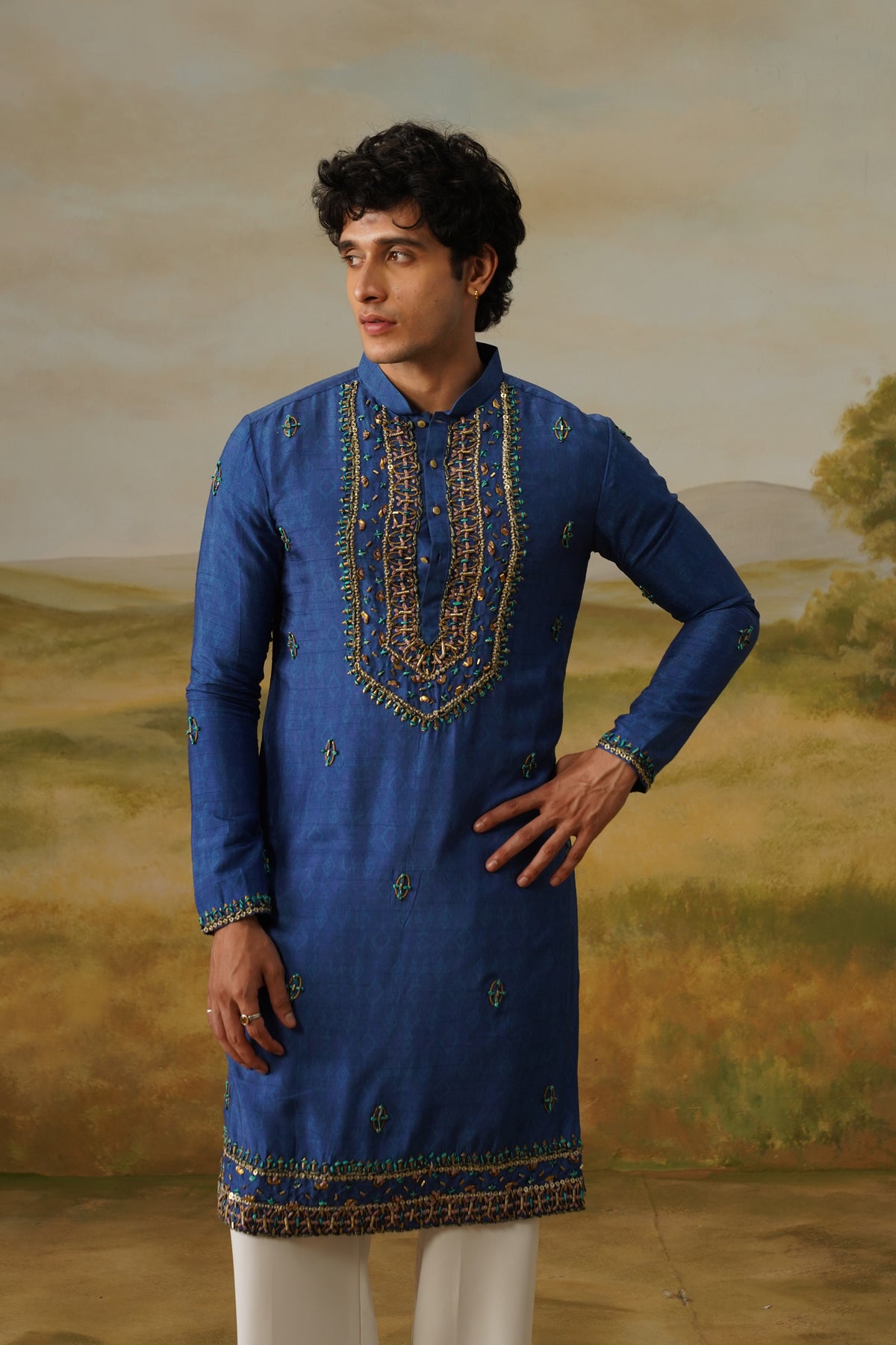 Aabshar Royal Blue Metallic Handwork Kurta Set