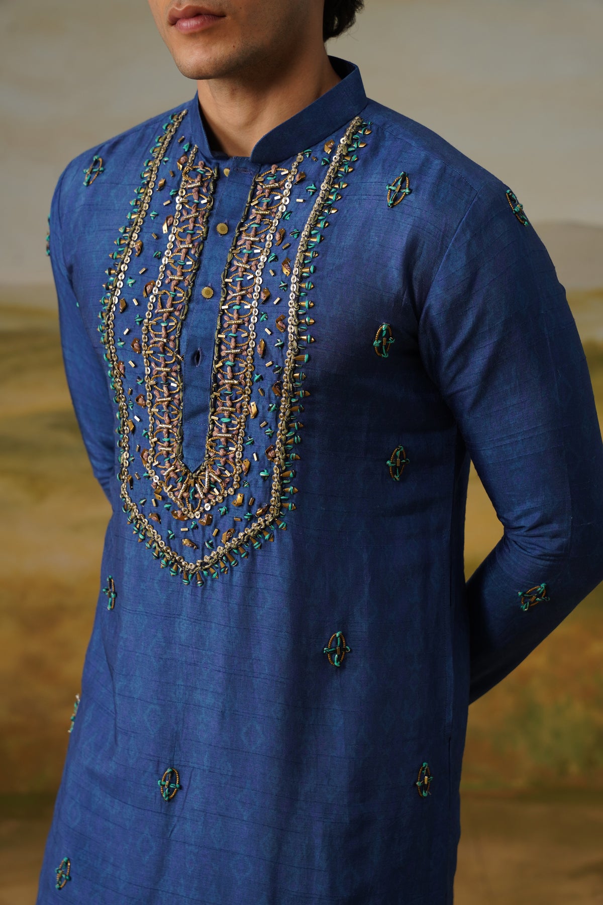 Aabshar Royal Blue Metallic Handwork Kurta Set