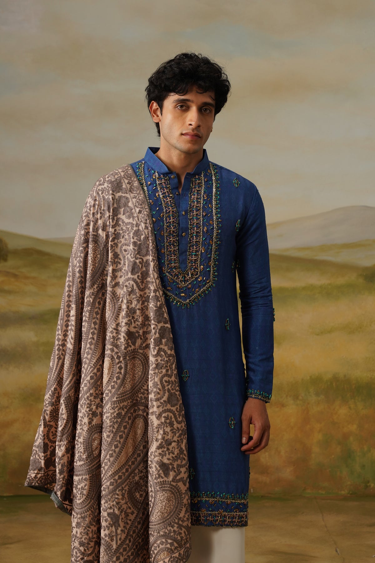 Aabshar Royal Blue Metallic Handwork Kurta Set