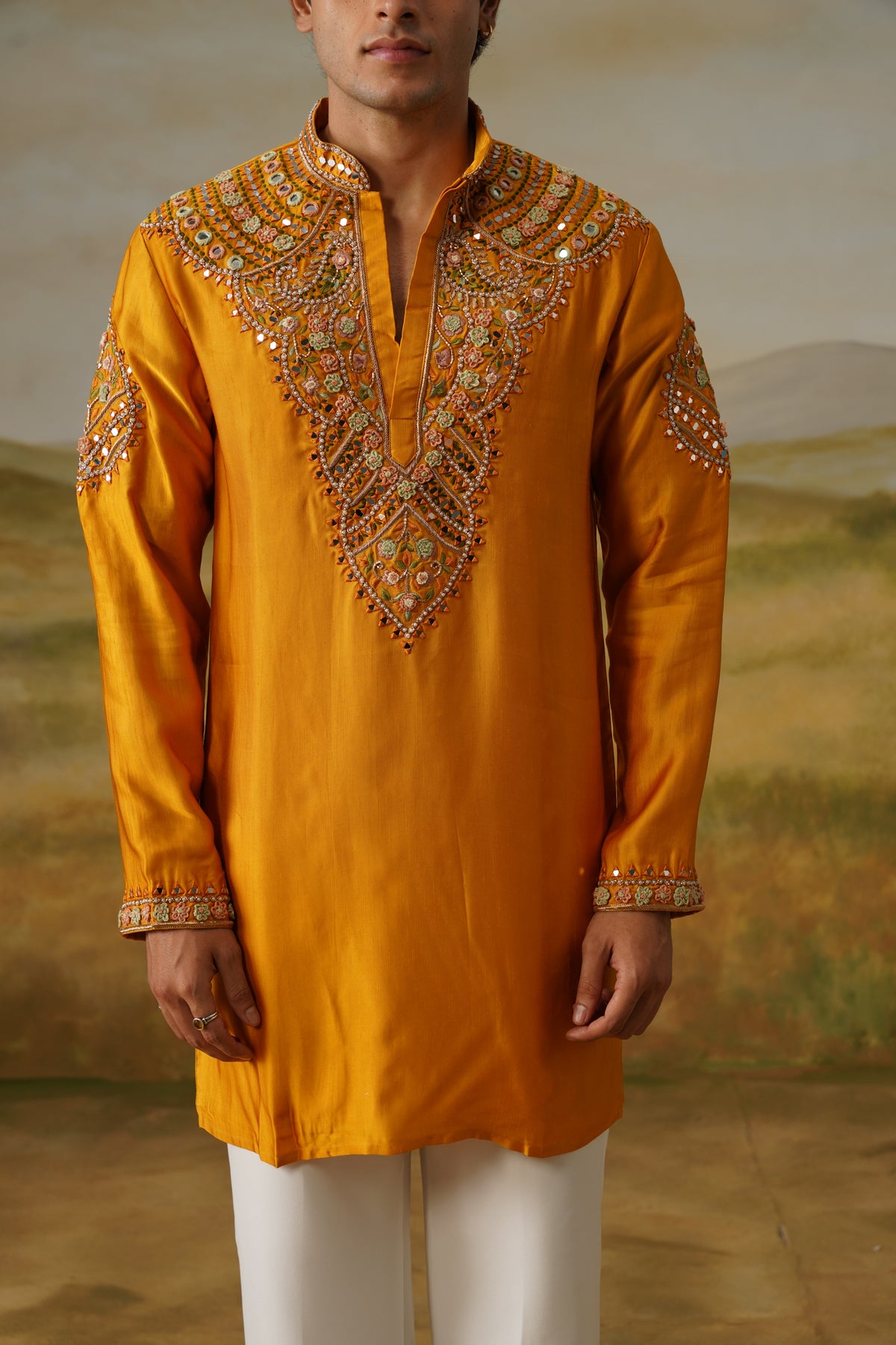 Zafrani Mustard Hand Mirror Work Kurta Set