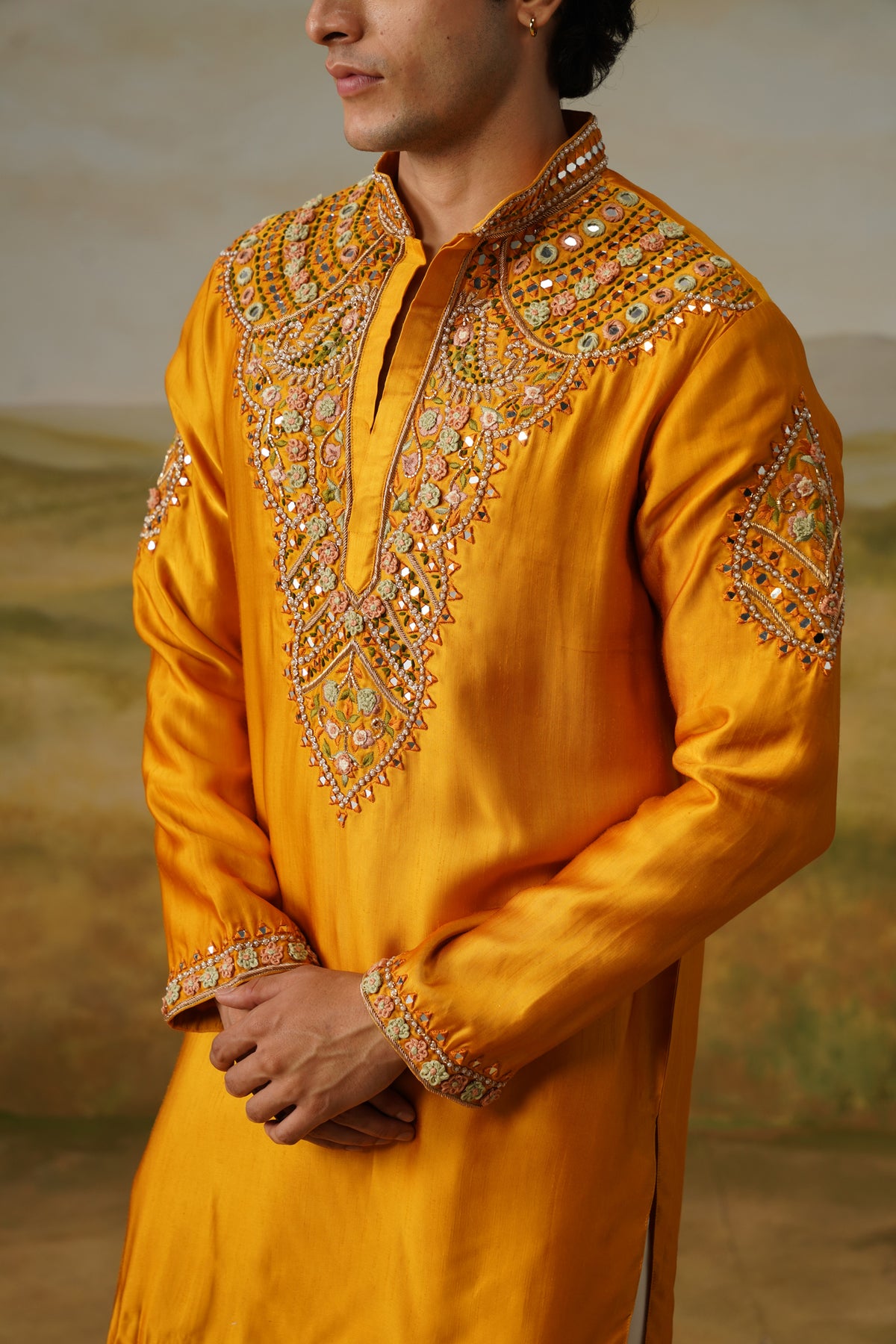 Zafrani Mustard Hand Mirror Work Kurta Set