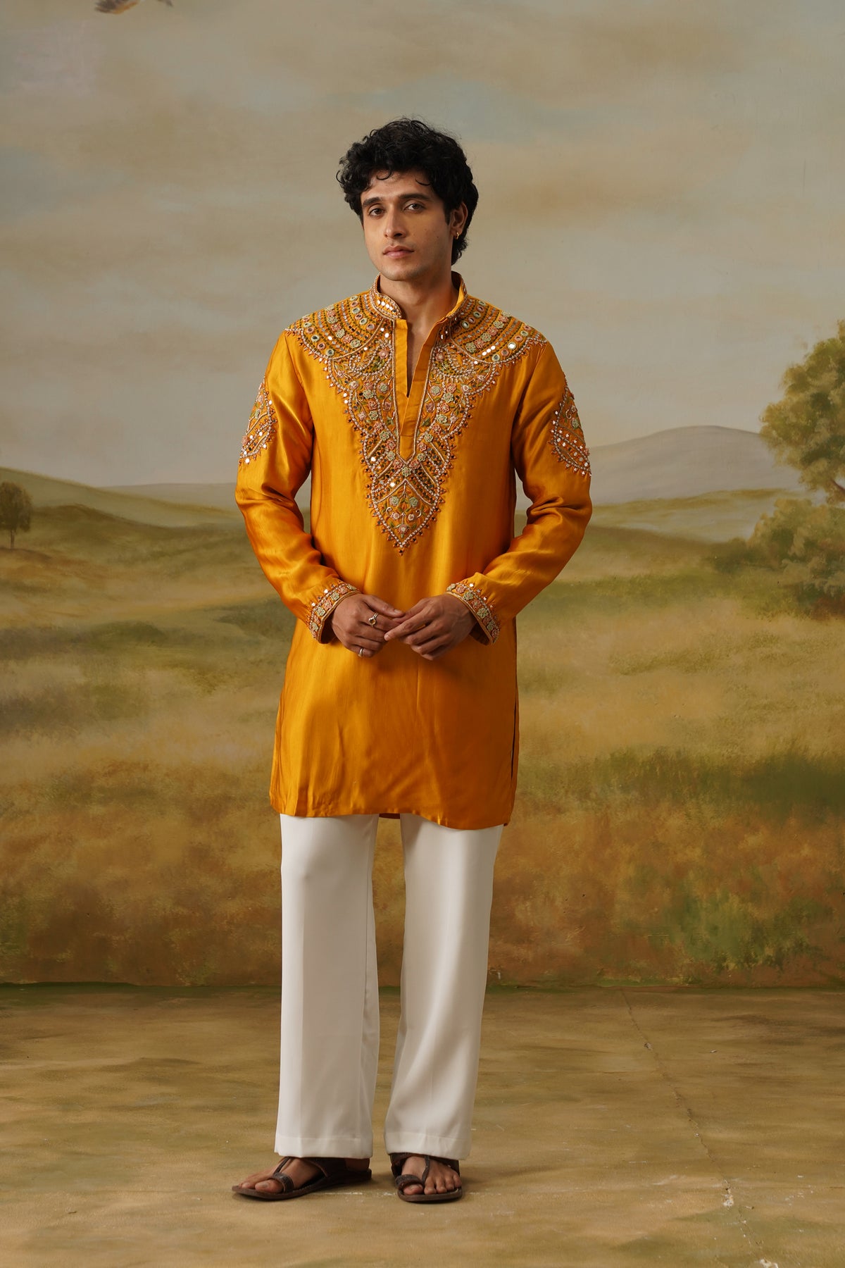 Zafrani Mustard Hand Mirror Work Kurta Set