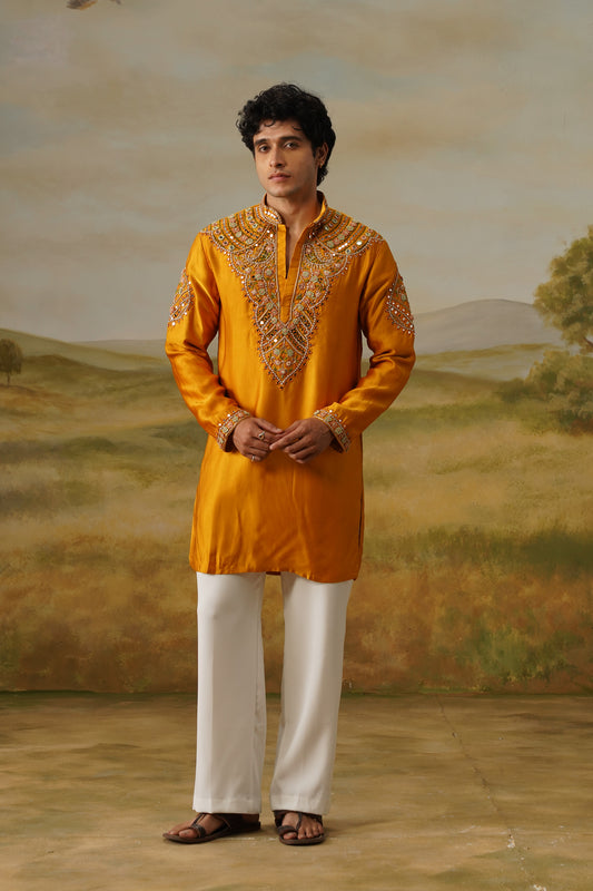 Zafrani Mustard Hand Mirror Work Kurta Set