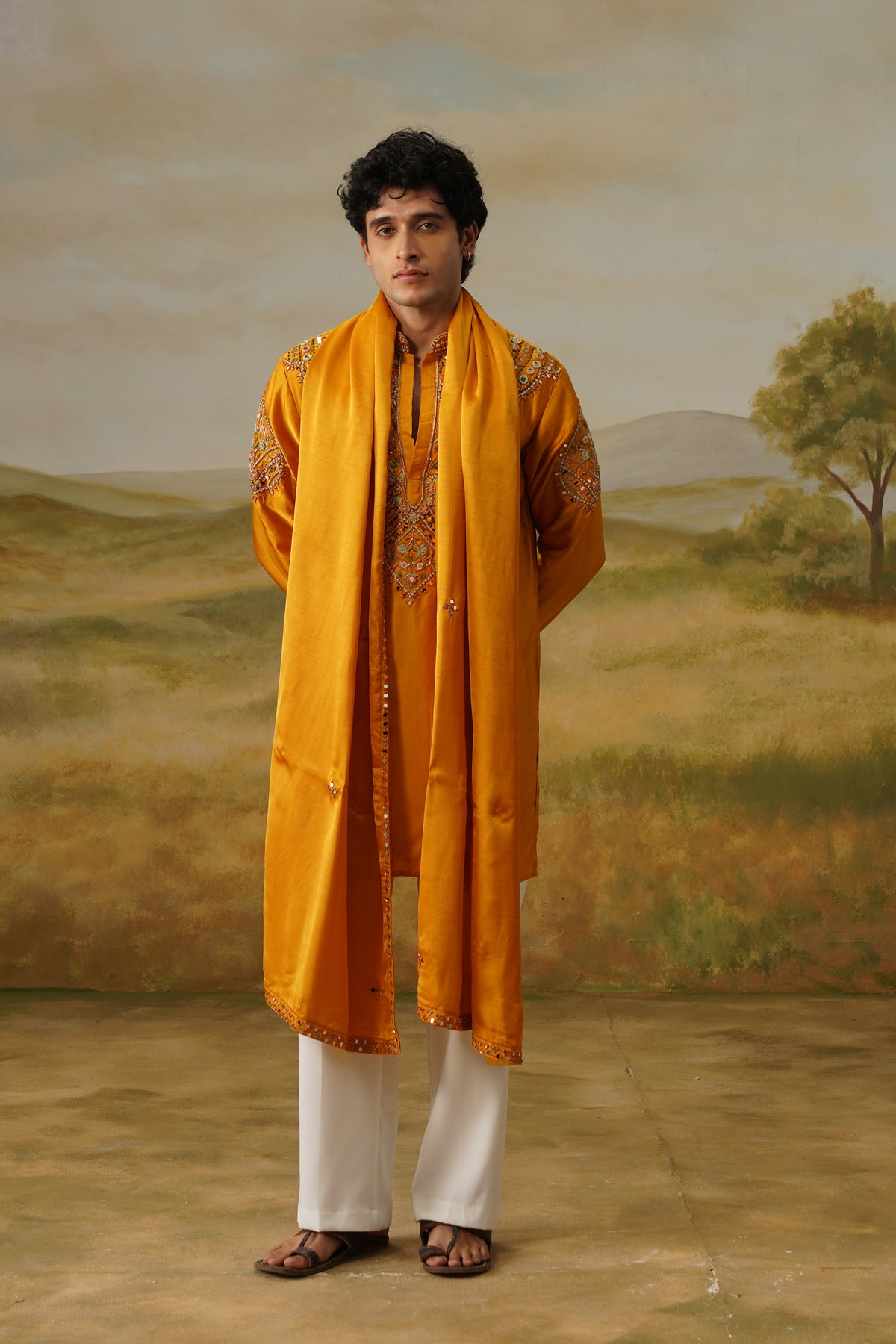 Zafrani Mustard Hand Mirror Work Kurta Set