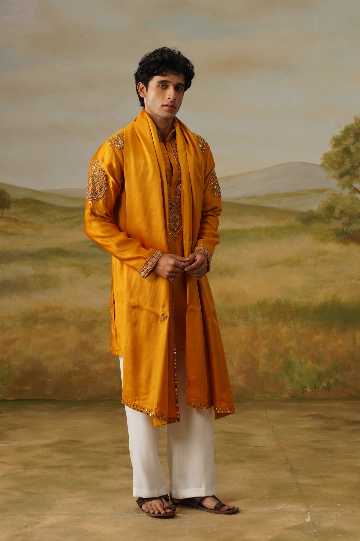 Zafrani Mustard Hand Mirror Work Kurta Set