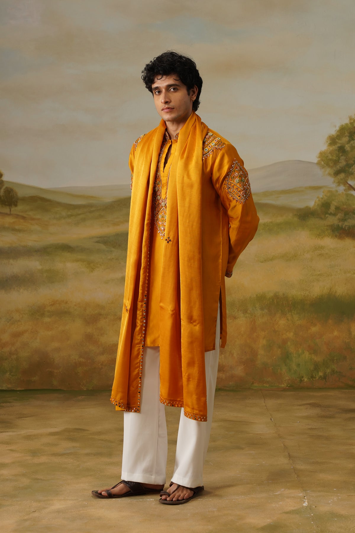 Zafrani Mustard Hand Mirror Work Kurta Set