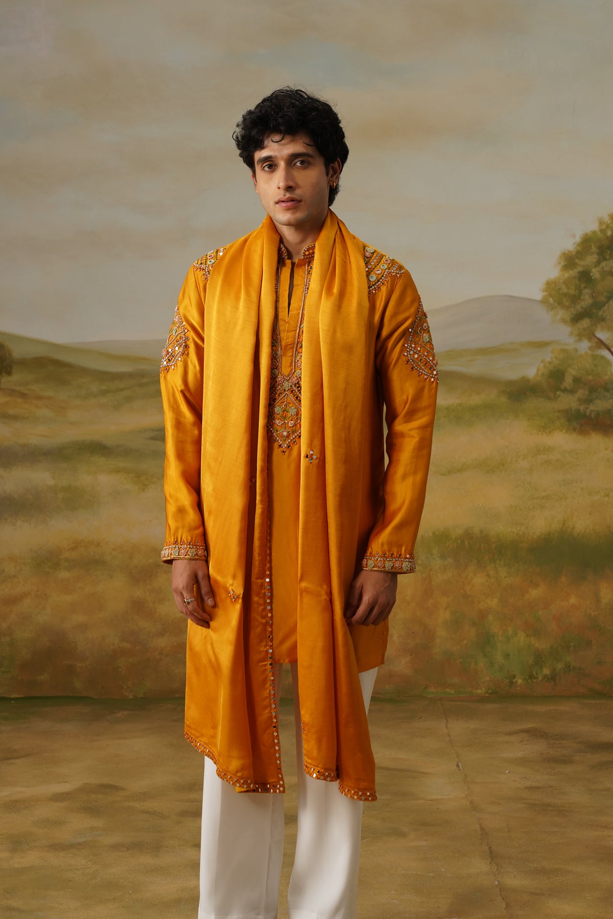 Zafrani Mustard Hand Mirror Work Kurta Set