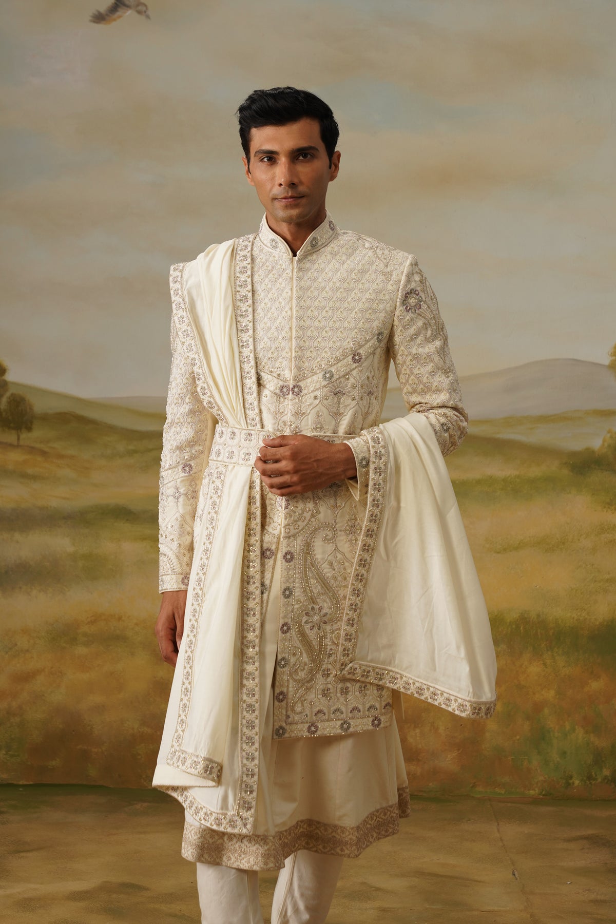 Shehnai Ivory Tilla Embroidered Sherwani Set With Dupatta