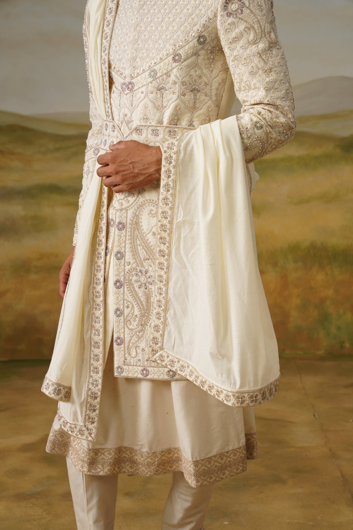 Shehnai Ivory Tilla Embroidered Sherwani Set With Dupatta