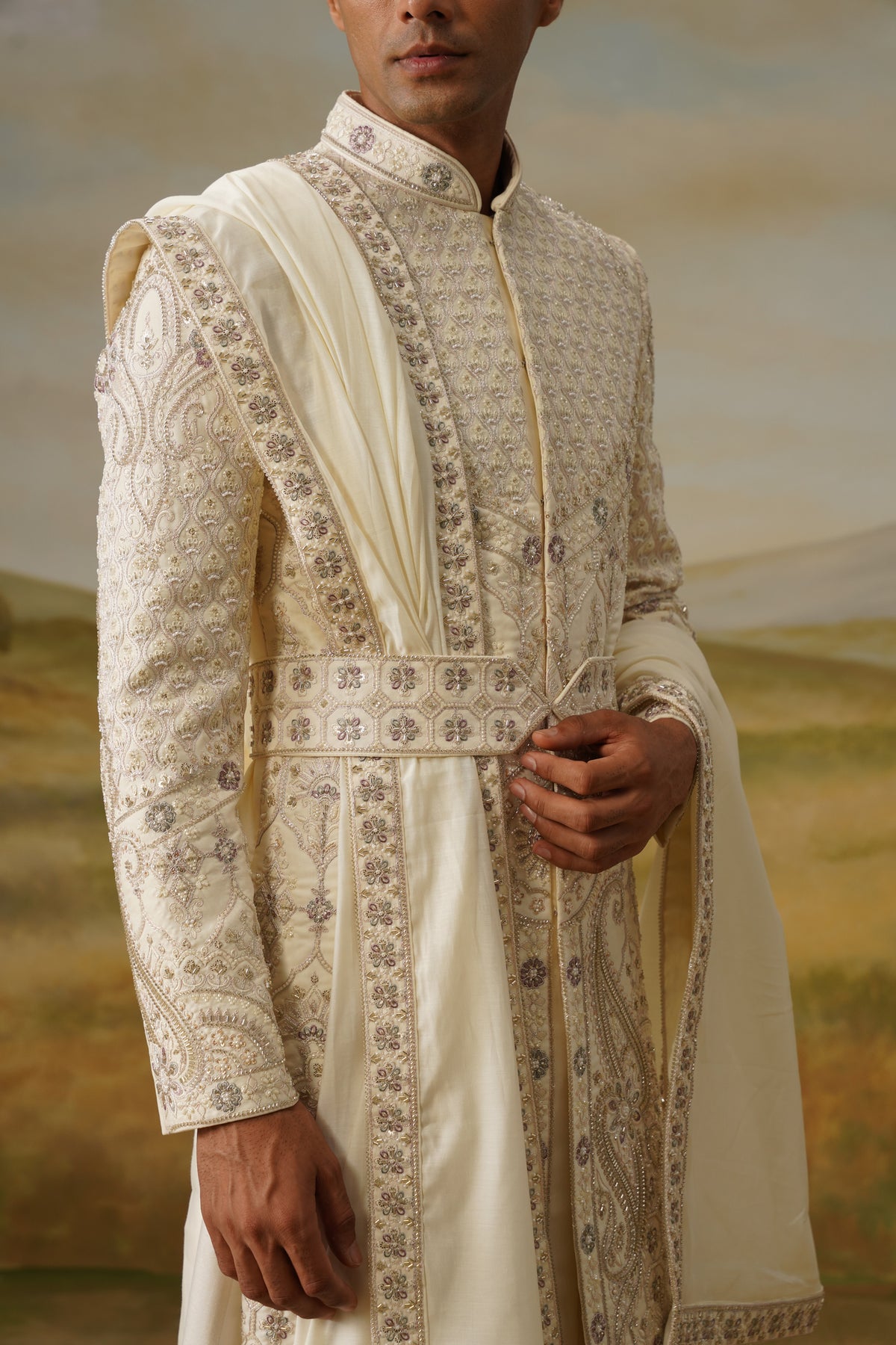 Shehnai Ivory Tilla Embroidered Sherwani Set With Dupatta