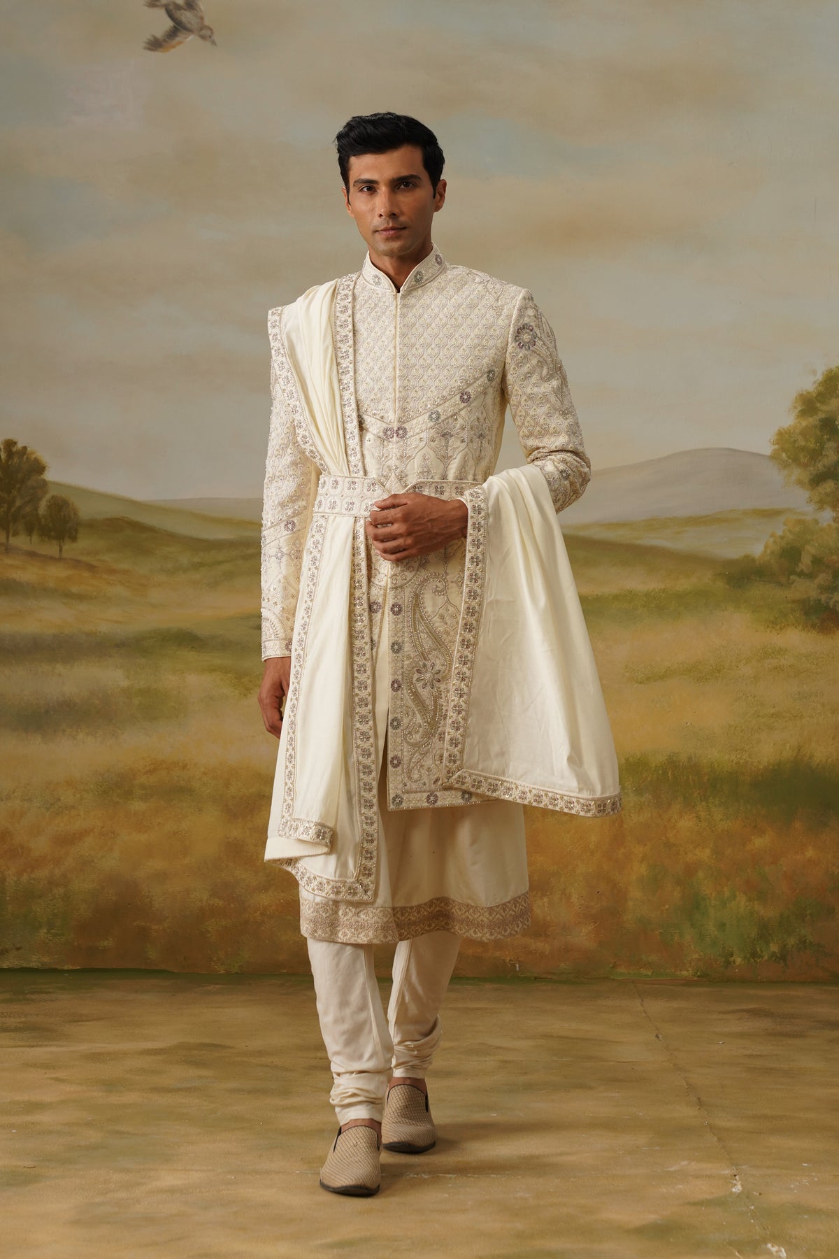 Shehnai Ivory Tilla Embroidered Sherwani Set With Dupatta