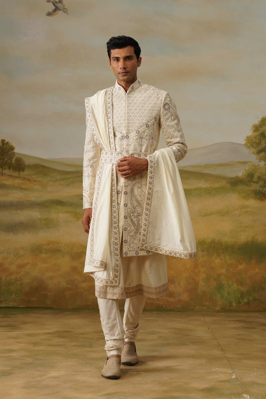 Shehnai Ivory Tilla Embroidered Sherwani Set With Dupatta