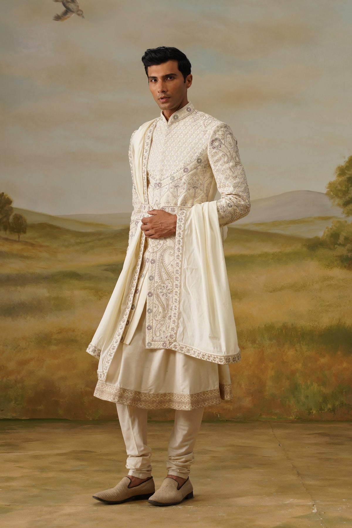 Shehnai Ivory Tilla Embroidered Sherwani Set With Dupatta