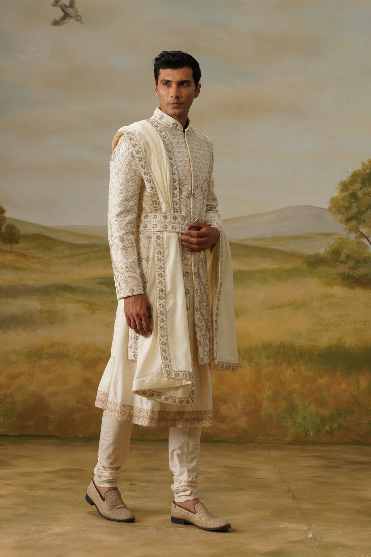 Shehnai Ivory Tilla Embroidered Sherwani Set With Dupatta